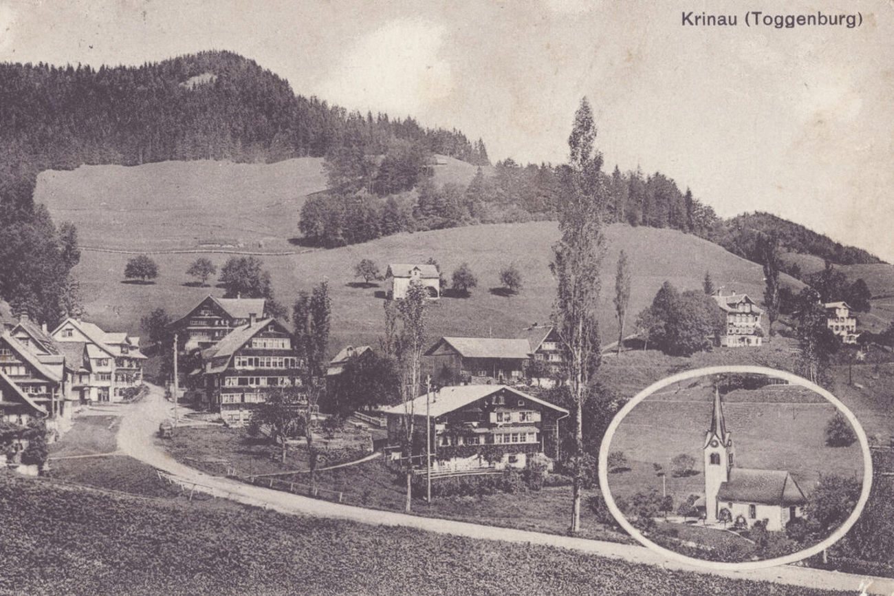 Gruss aus Krinau: Postkarte um 1924 mit der eingerahmten Kirche. Foto: digitaler Lesesaal/Staatsarchiv St. Gallen