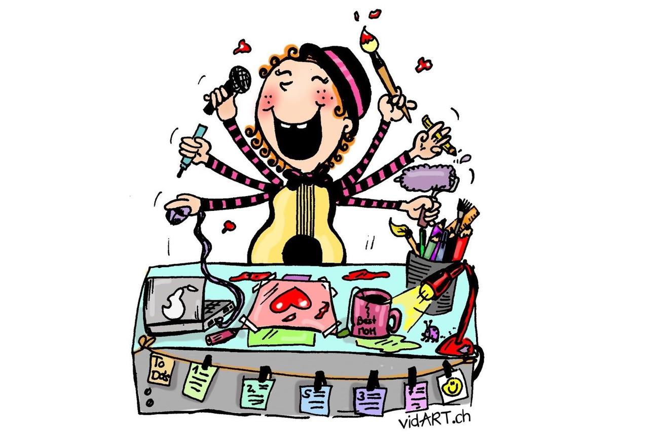 Vida Sprenger im Selbstporträt: malend-musizierender Wirbelwind. (Karikatur: Vida Sprenger)