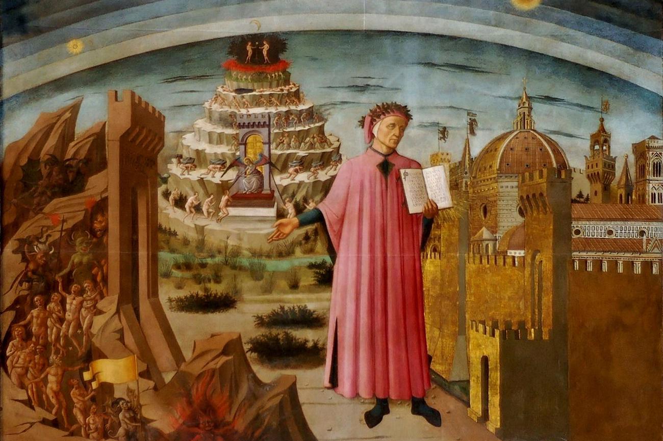 Die Welt als Himmel und Hölle, Erlösung und Verdammnis: Dante vor seinem Werk, Gemälde von Domenico di Michelino im Dom von Florenz, wikimedia