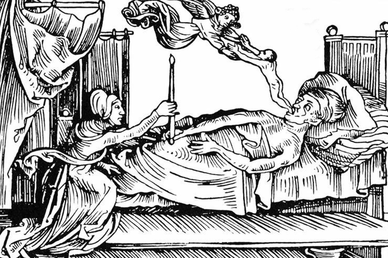 Ein Holzschnitt aus dem 15. Jahrhundert: Die Seele entweicht dem Körper. | Quelle: Wikipedia