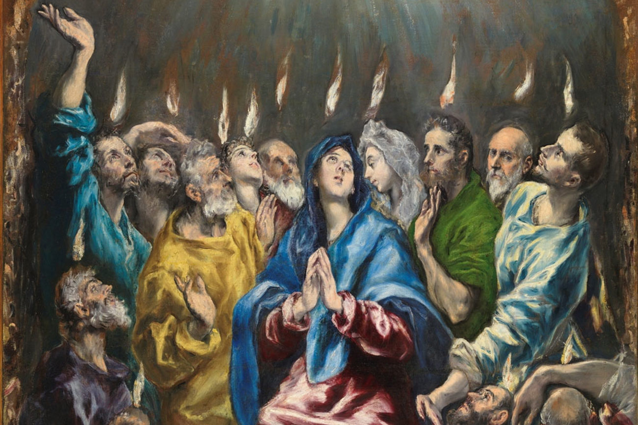 Feuerzungen über den Jüngern: El Grecos Pfingstgemälde (Ausschnitt, um 1600) zeigt das biblische Geschehen in Jerusalem – im Zentrum, im blauen Mantel, Maria, die Mutter Jesu. | Museo del Prado, Madrid / Wikimedia Commons