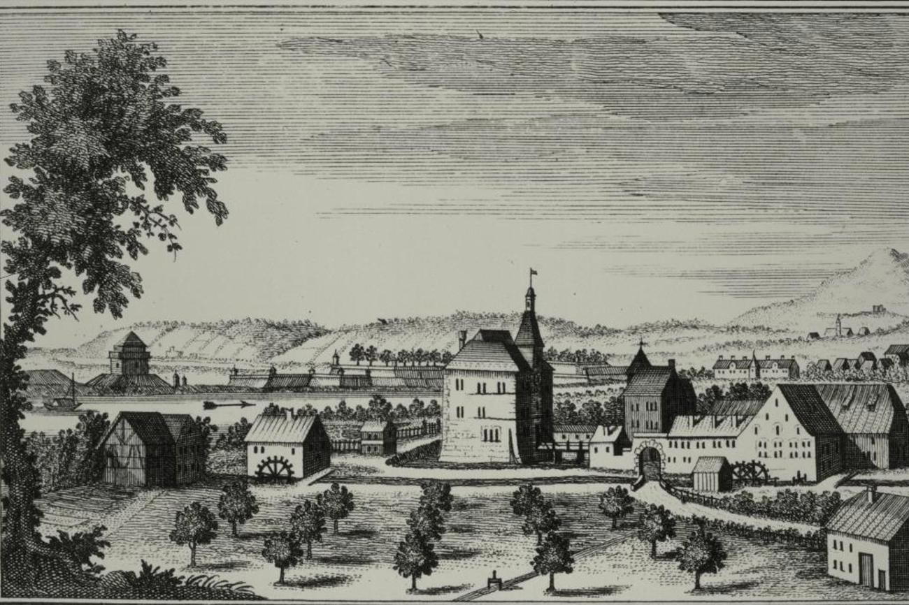 Im Klybeckschlösschen brachen reformiert Gesinnte am Palmsonntag 1522 mit einem Spanferkelschmaus das Fastengebot. Das Schlösschen wurde 1955 abgerissen. | Stich von David Herrliberger nach der Zeichnung von Emanuel Büchel