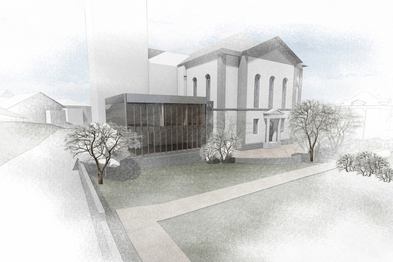 Blick vom Kirchenrain und Friedhof auf den geplanten Annexbau an der nordöstlichen Seite der  Wattwiler Kubly-Kirche. Bei ihrem Innenraum will man sich hauptsächlich auf die notwendige Sanierung beschränken. Illustration: zvg