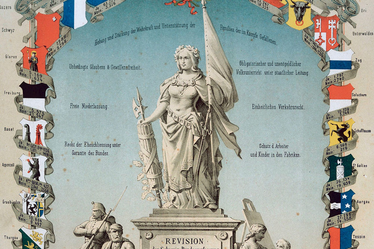 Ausschnitt aus einer Gedenktafel an die Verfassungsrevision von 1874. Erst im Rahmen dieser Revision wird die Glaubens- und Gewissensfreiheit für alle – auch für die jüdische Minderheit – festgeschrieben. | Schweizerisches Nationalmuseum