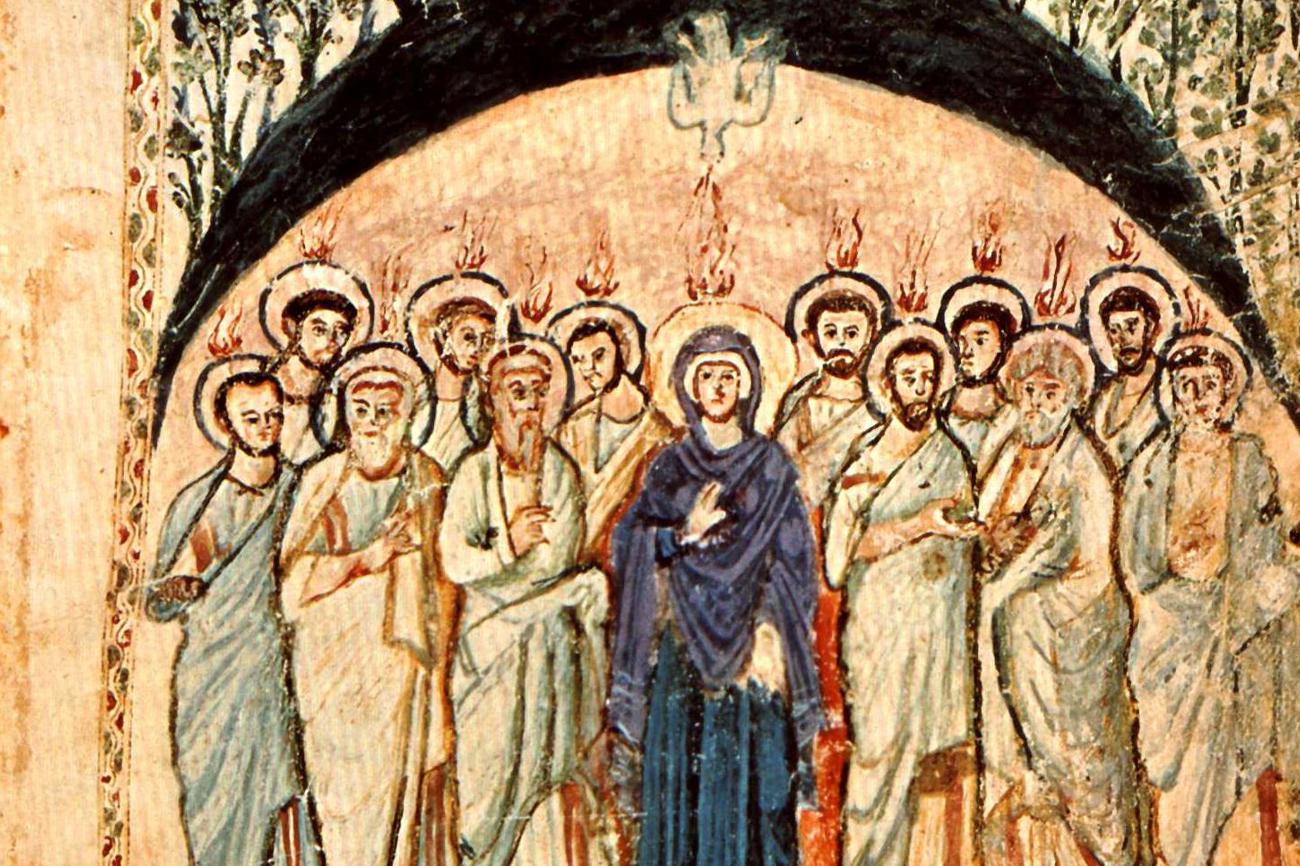 Eine der ältesten Darstellungen des Pfingstwunders: Aus dem Rabbula-Evangeliar, einer syrischen Pergament-Handschrift von 586. Im Zentrum der Apostelschar steht Maria.