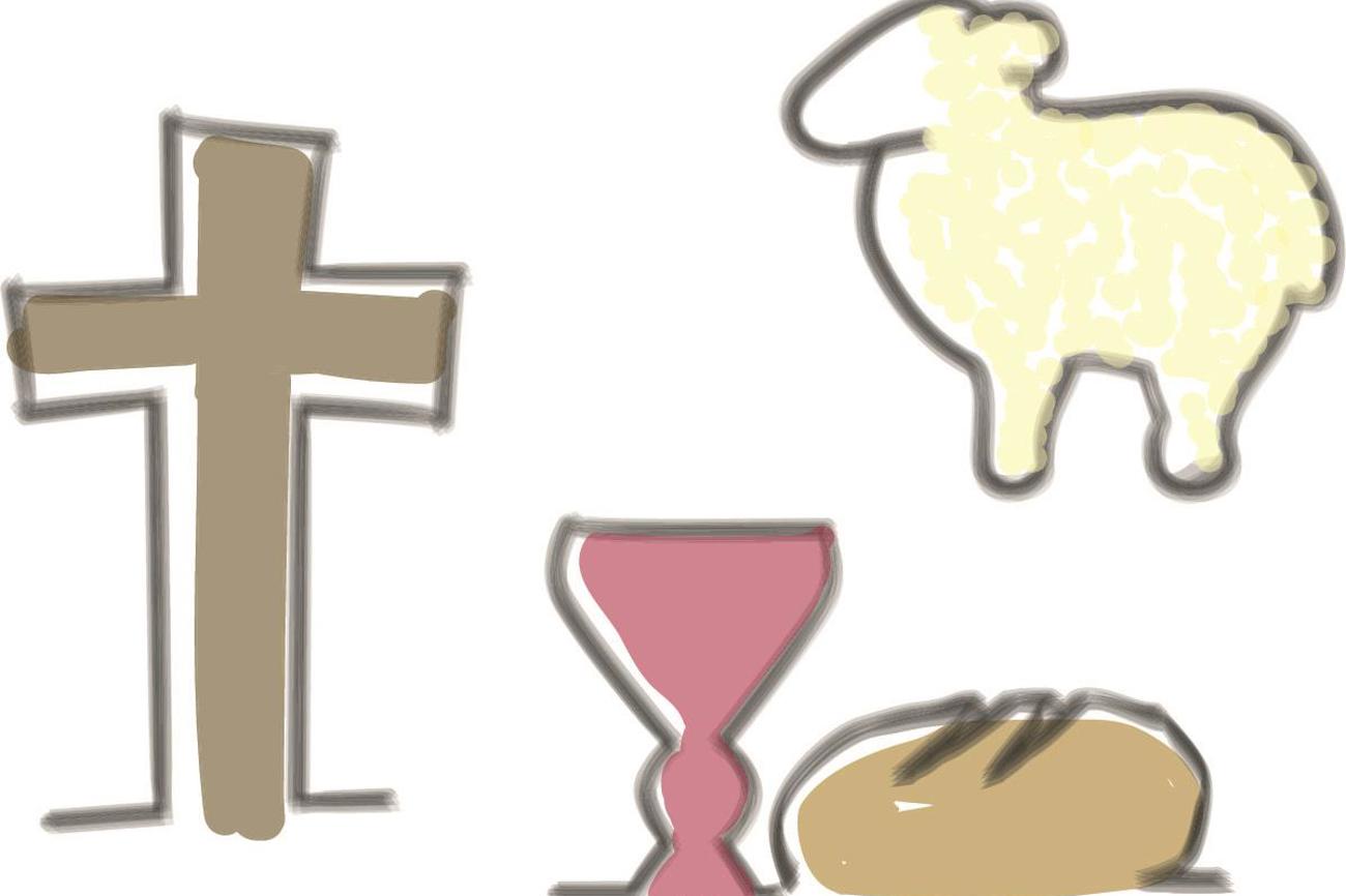 Österliche Symbole: Kreuz, Wein und Brot, Lamm. (Zeichnungen: Ueli Rohr)