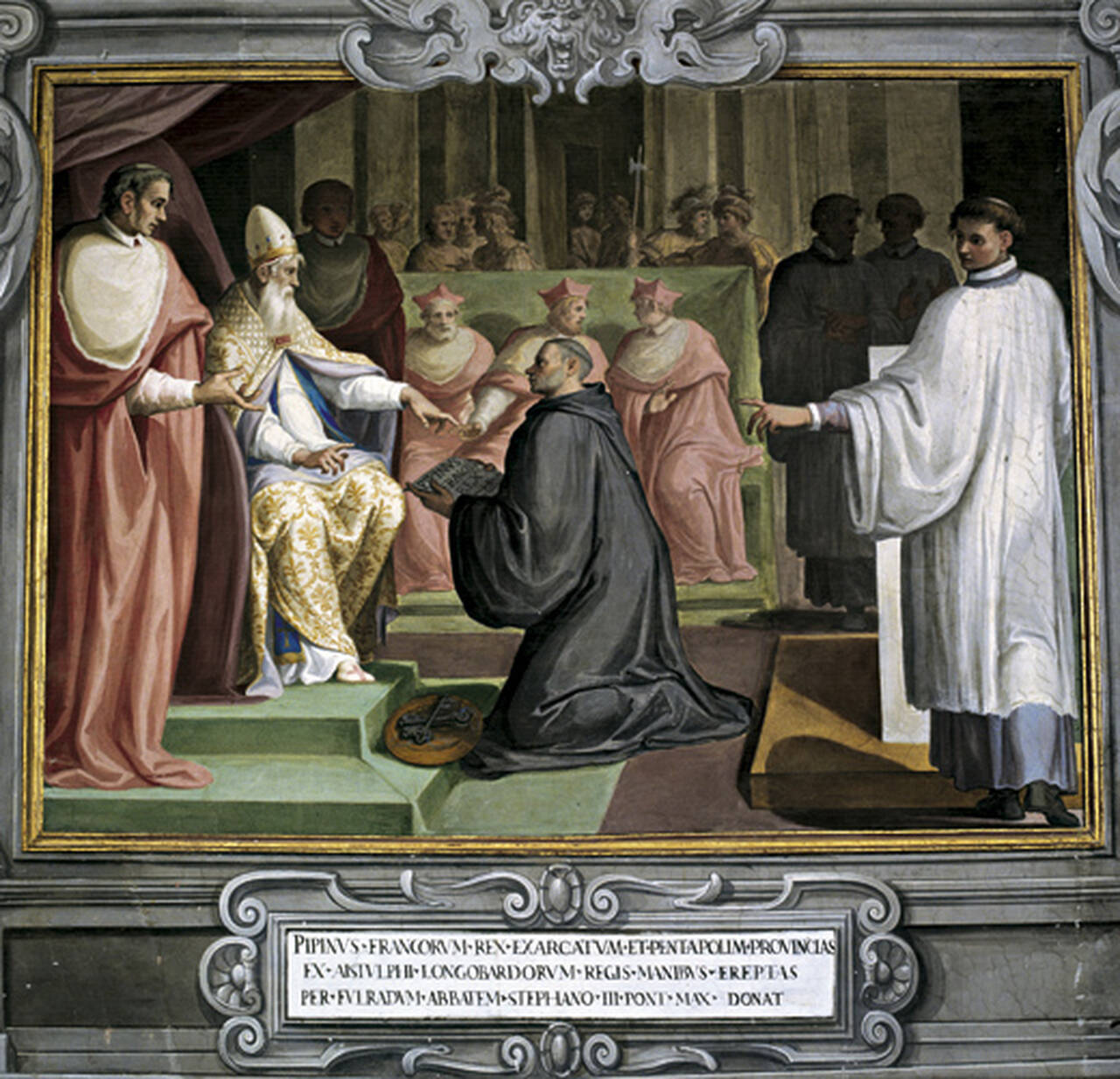 Papst Stephan II. nimmt die Schenkungsurkunde Pippins entgegen. Wie die konstantinsche ist aber auch die pippinsche Schenkung vermutlich eine Fälschung. Bild: wikimedia