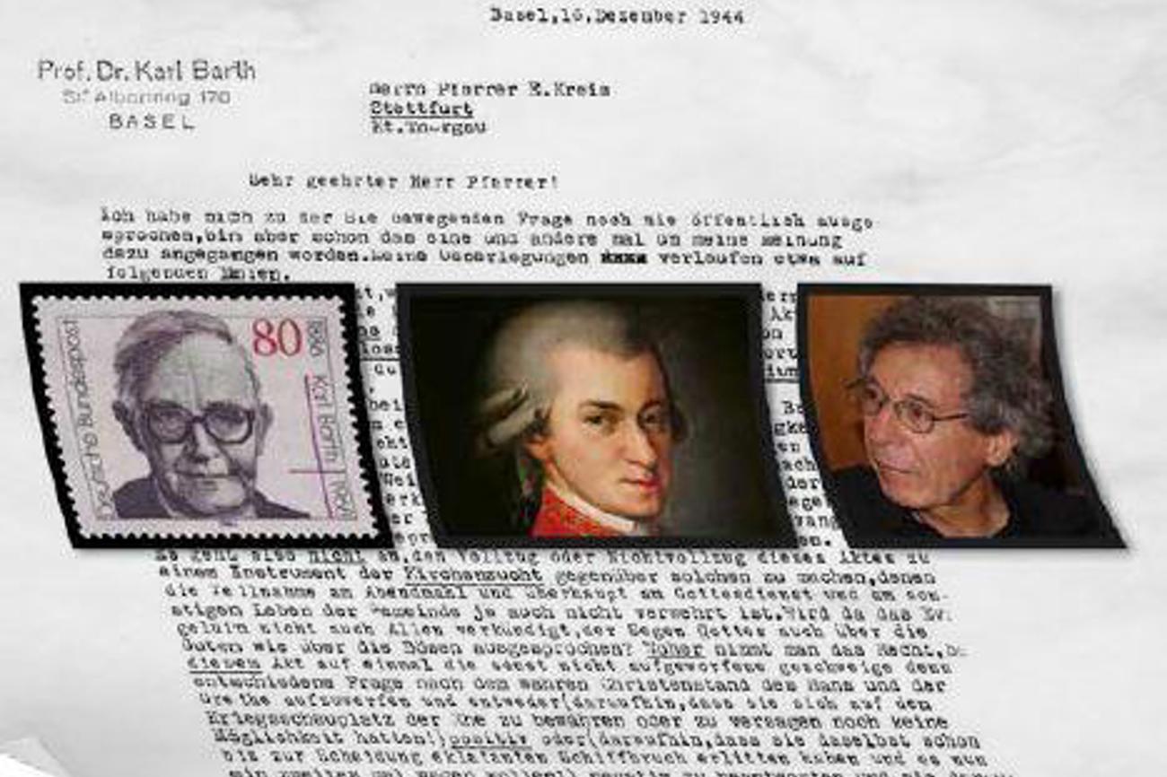 Spannende Dialoge – ob musikalisch oder in Briefen: Eine Antwort von Mozart-Liebhaber Karl Barth (links) an einen Thurgauer Pfarrer über die Wiederverheiratung. Felix Pachlatko (rechts) macht eine ebenso spannende Gedenkveranstaltung in Wort und Musik möglich. (Bildkomposition: ur)