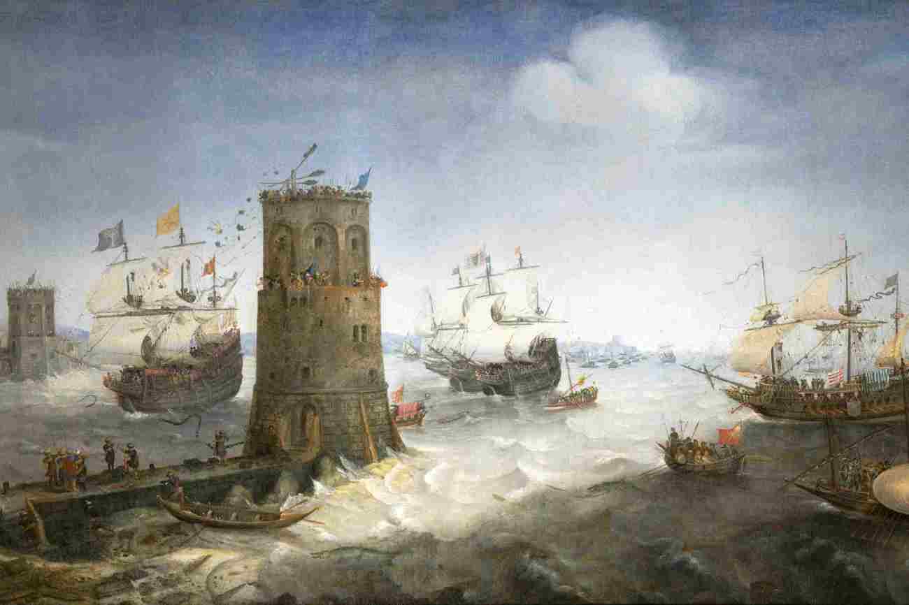 Kreuzfahrer durchbrechen die Blockade des Nils. Die Schlacht um Damiette, Gemälde von Cornelis Claesz van Wieringen. .