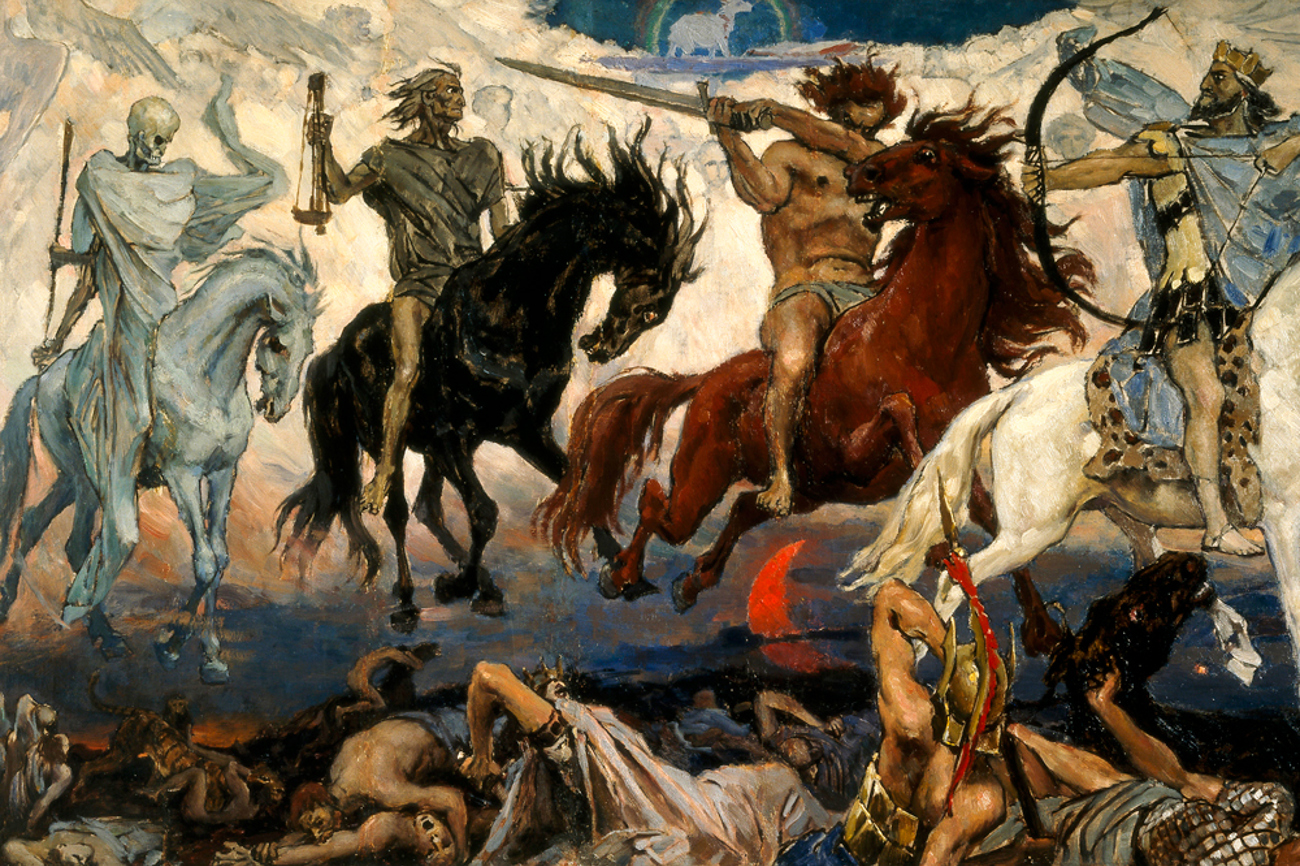 Beliebtes Motiv für Weltuntergangszenarien: Die vier apokalyptischen Reiter fallen über die Welt her. Gemälde von Viktor Michailowitsch Wasnezow. | Foto: epd