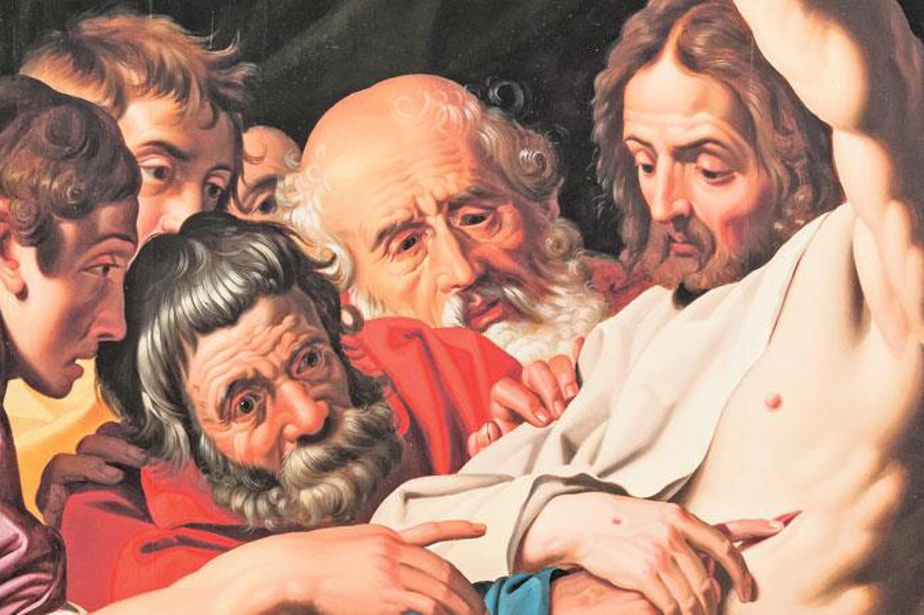«Der ungläubige Thomas» von Abraham Janssens (1575–1622): Apostel Thomas überzeugt sich von der Auferstehung, indem er den Finger auf die Wunde von Jesus legt.