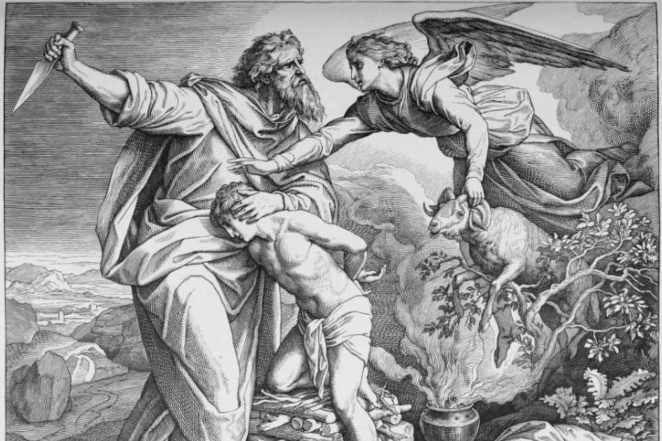 Gott verlangt von Abraham, seinen eigenen Sohn umzubringen. Holzschnitt von Julius Schnorr, 1860.