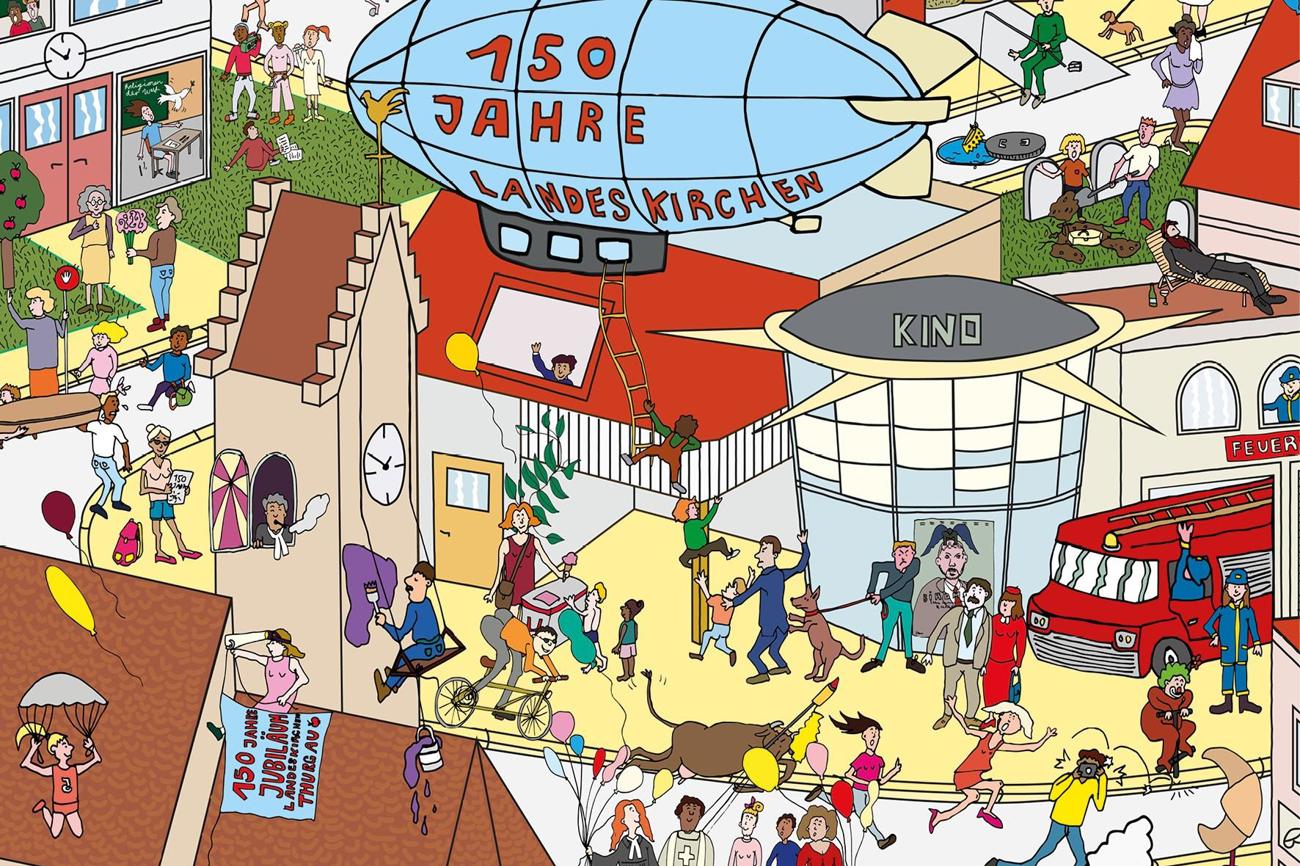 Die Landeskirchen bereichern die Vielfalt im Thurgau mit ihren Aktivitäten, die alle im Wimmelbild zum Jubiläum –
hier ein Ausschnitt davon – zu finden sind. (Bild: zVg)