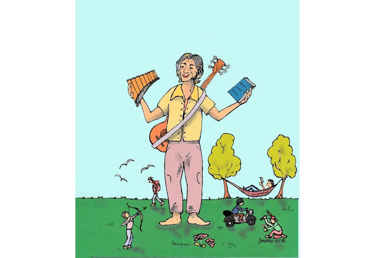 «Ich bin im Laufe meines Lebens zum Allrounder mutiert», sagt Jmerio Pianari. Das kommt auch im
Selbstporträt zum Ausdruck. (Cartoon: Jmerio Pianari)