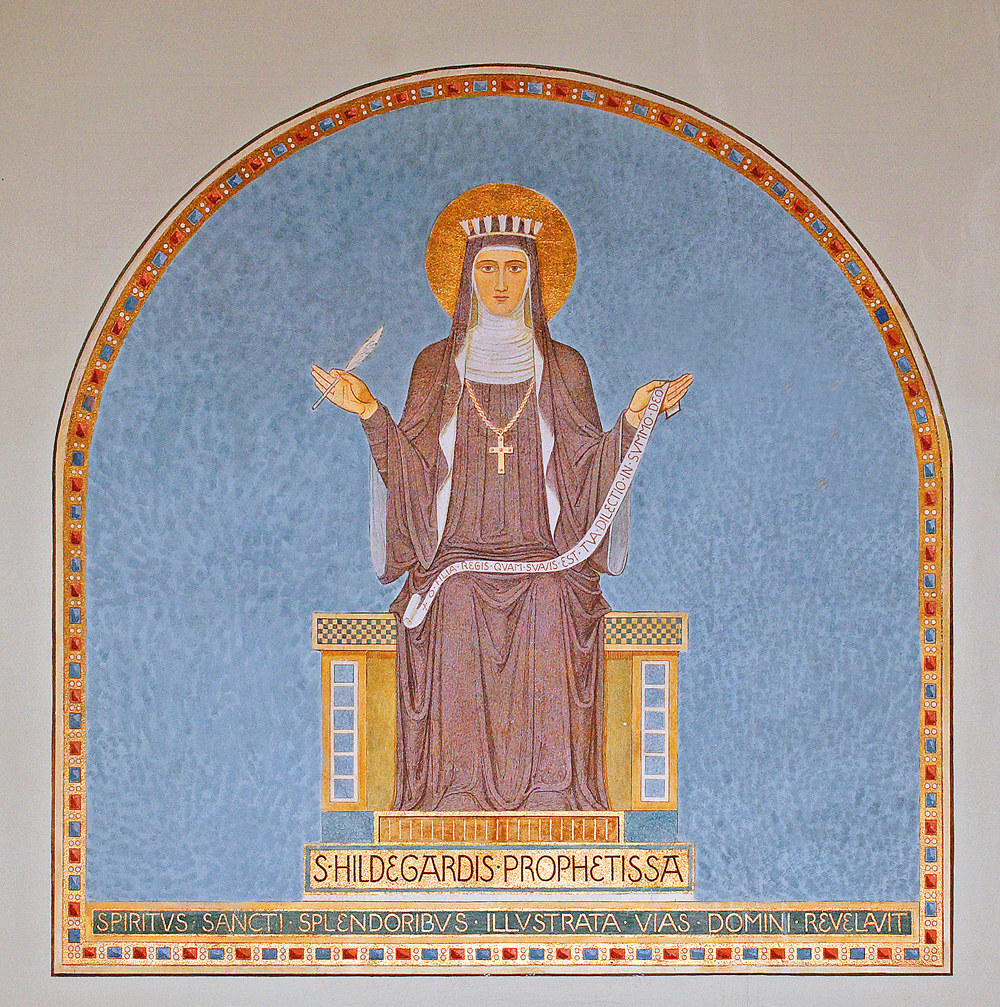 Wandgemälde mit dem Porträt von Hildegard von Bingen im Ikonenstil gemalt.