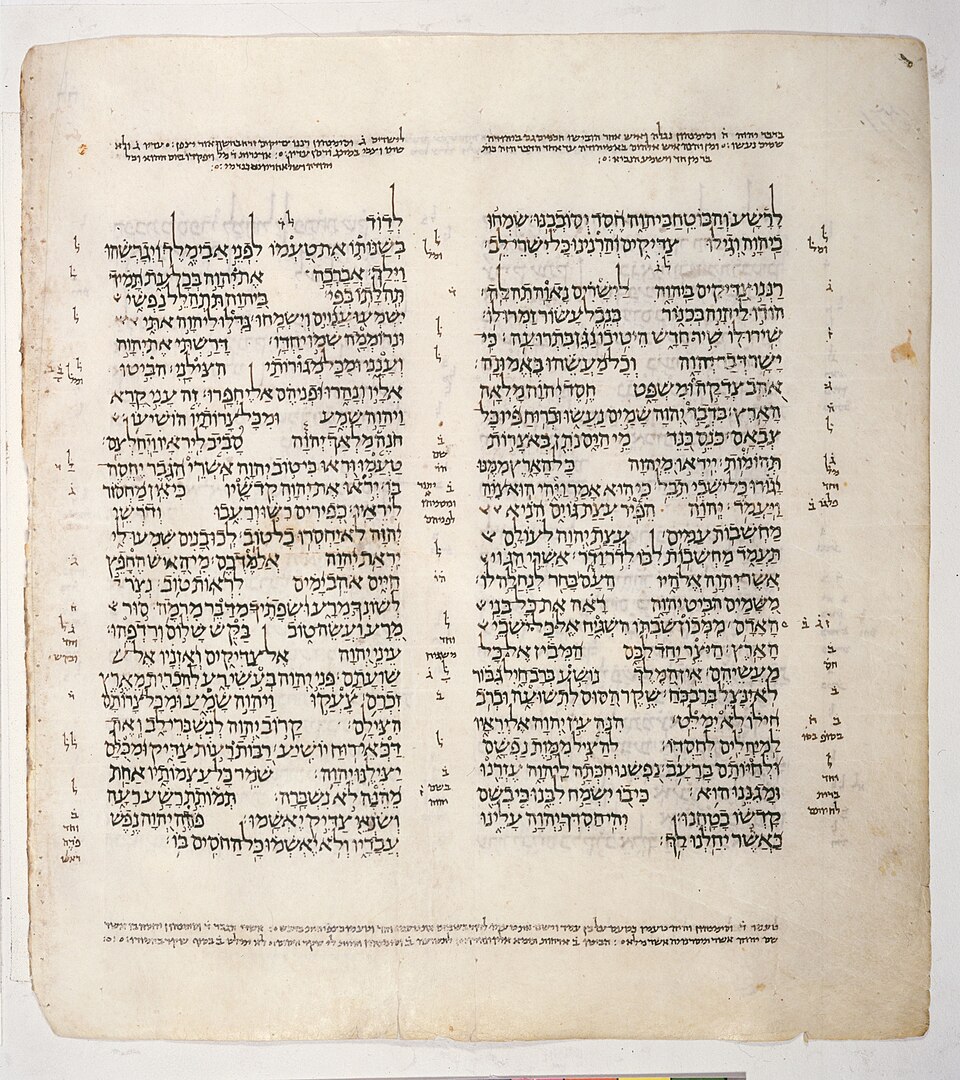 Seite aus dem Codex Leningradensis, dem ältesten vollständig erhaltenen Manuskript des Alten Testaments. Die Seite zeigt Psalm 32-34. Foto: wikimedia