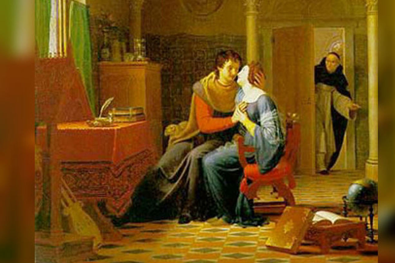 In flagranti erwischt: Während Abaelard und Heloisa gehen zur Sache, als Subdukan Fulber die Türe öffnet. Gemälde von Jean Vignaud, 1819. Bild: Wikimedia